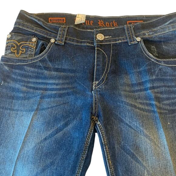 True Rock White Stitch Jeans 21/22 Blue Bling Flap Pockets Distressed Straight - Picture 6 of 13